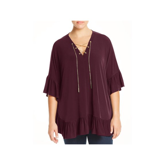 Michael Michael Kors Plus Size Ruffled Lace Up Top Cordovan 3X