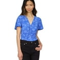 thumbnail image 1 of Michael Kors Womens Printed Ruched Flutter Sleeve Pullover Blouse, Blue, Petite, PM, 1 of 2