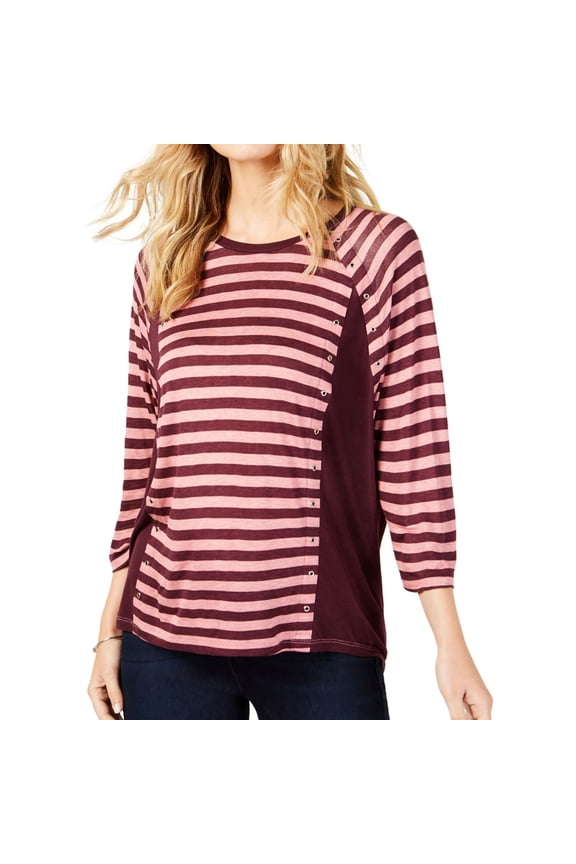 Womens Burgundy Striped Embellished 3/4 Sleeve Top L
