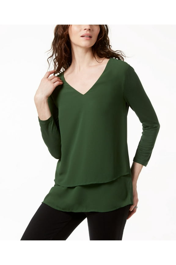 Womens Layered Look Pullover Blouse, Green, X-Small