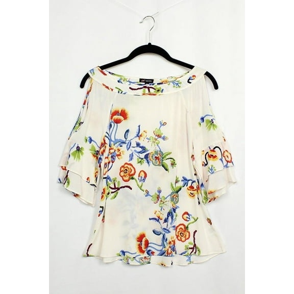 MICHEL Floral Print 3/4 Ruffle Sleeve Cold Shoulder Blouse (Large)