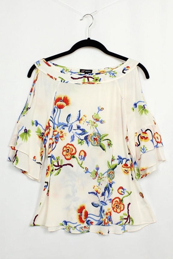 MICHEL Floral Print 3/4 Ruffle Sleeve Cold Shoulder Blouse (Large)