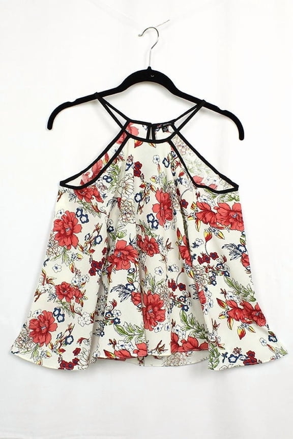 MICHEL Floral Print Spaghetti Strap Top With Full Hemline And Black Trim (Large)