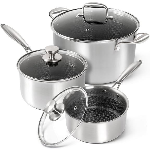 MICHELANGELO 6 Pcs Tri-ply Stainless Steel Pot Set, 2QT & 3QT & 8QT Pot with Lids, Nonstick HoneyComb Interior Cooking Pot Set, Compatible with All Cooktops, Oven & Dishwasher Safe