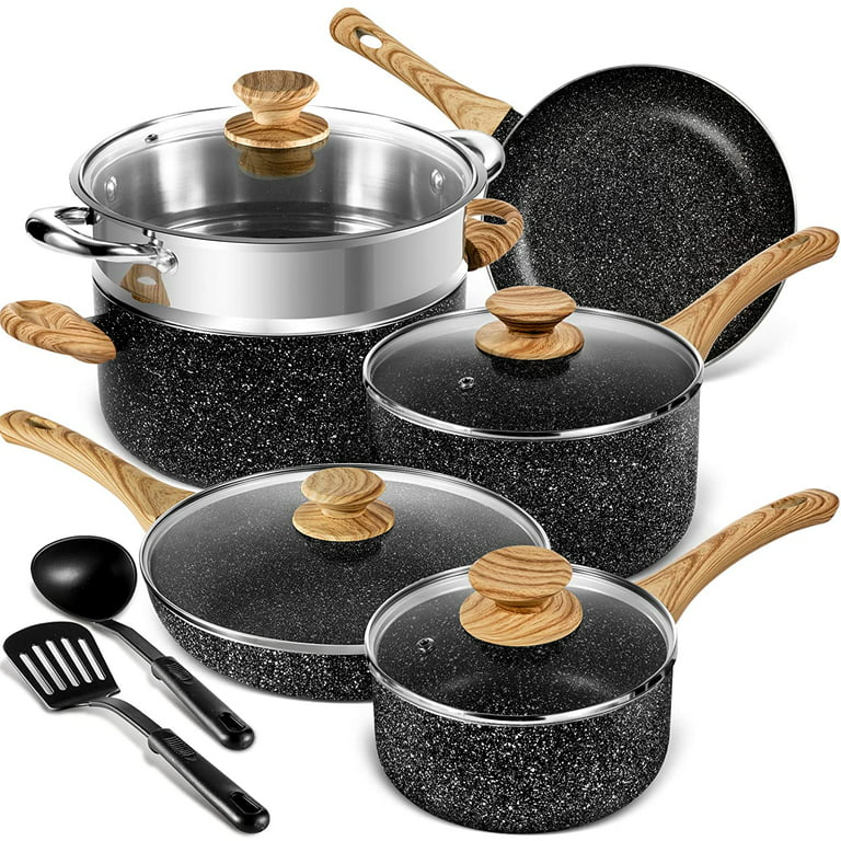 Pots and Pans Set - Kitchen Nonstick Cookware Sets Granite Frying Pans for  Cooking Marble Stone Pan Sets Kitchen Essentials 11 Piece Set Beige（Large  size pan & Saucepan） 