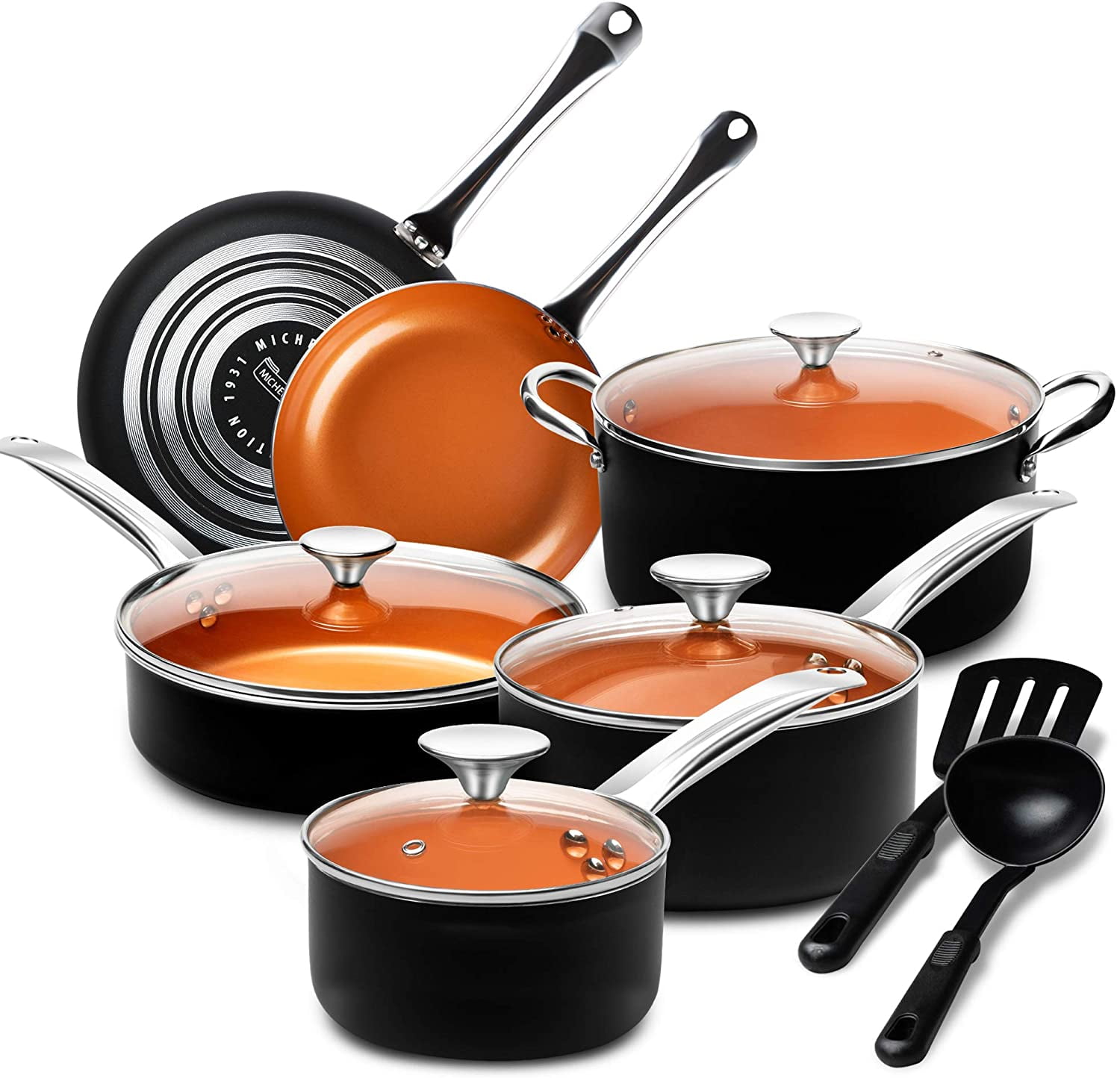 M MELENTA Pots and Pans Set Ultra Nonstick, Pre-Installed 11pcs Cookware Set  Copper with Ceramic Coating, Nylon Kitchen Utensils
