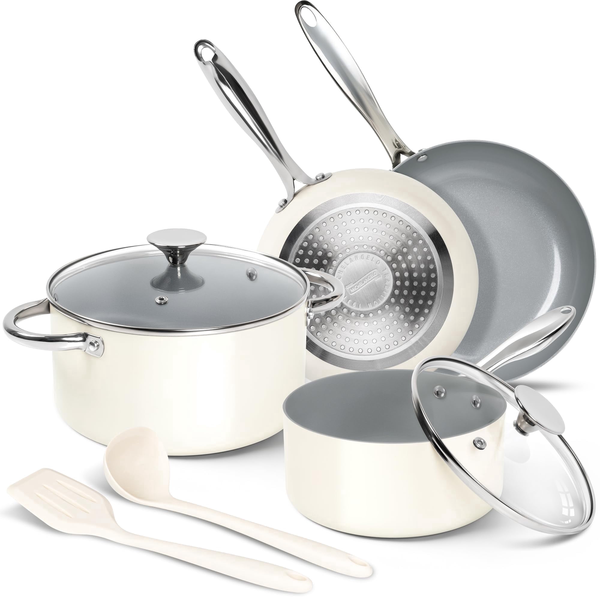MICHELANGELO Pots and Pans Set Non Stick - Ceramic Cookware Set, 8-Pcs Nonstick Pots and Pans with Ergonomic Handle, Dishwasher Safe & Induction Compatible, Cream