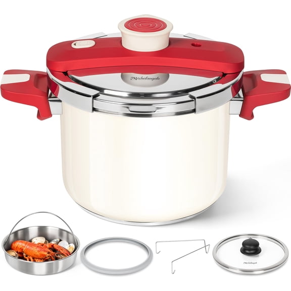 MICHELANGELO Pressure Cooker Stainless Steel 6.3 Quart, 3-in-1 Pressure Pot, One-Hand Locking System, Olla de Presion Colorful Design, Induction Compatible, with Glass Lid & Steamer