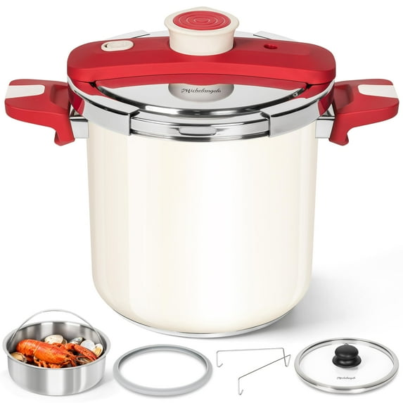 MICHELANGELO Pressure Cooker Stainless Steel 8.5 Quart, 3-in-1 Pressure Pot, One-Hand Locking System, Olla de Presion Colorful Design, Induction Compatible, with Glass Lid & Steamer