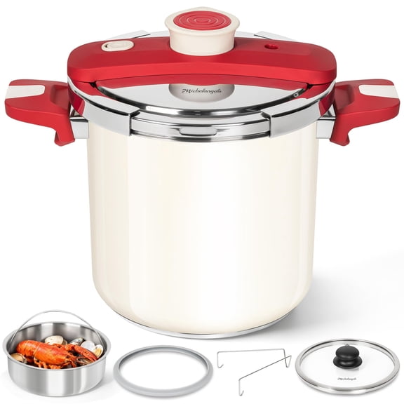 MICHELANGELO Pressure Cooker Stainless Steel 8.5 Quart, 3-in-1 Pressure Pot, One-Hand Locking System, Olla de Presion Colorful Design, Induction Compatible, with Glass Lid & Steamer