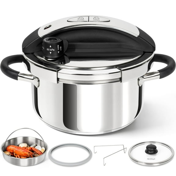 MICHELANGELO Small Pressure Cooker Stainless Steel, 3.2 Quart Olla de Presion, One-Hand Locking System, Induction Compatible, with Glass Lid & Steamer