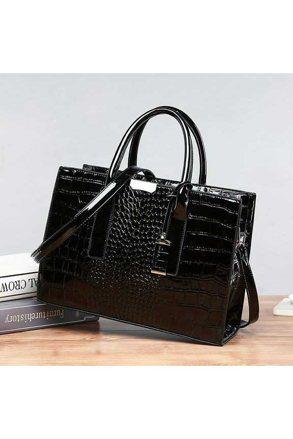 Color Crocodile Pattern Square Tote Bag Classic Trendy Shoulder Bag Women‘s Textured Commuter Bag