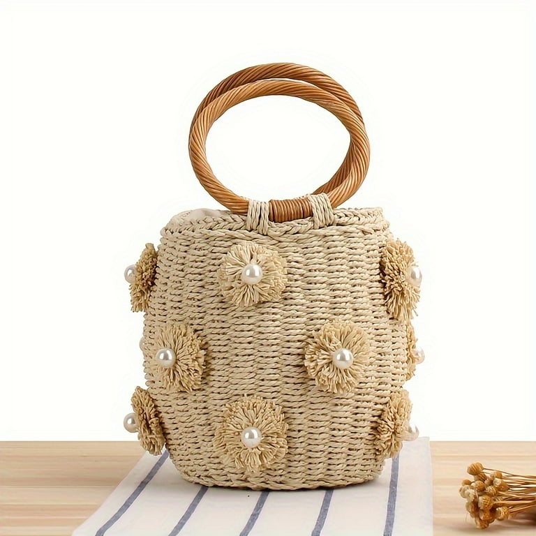 MICHROE Held Straw Woven Bucket Bag Flower Faux Pearl Decor Purse Boho Style Beach Handbag For Women