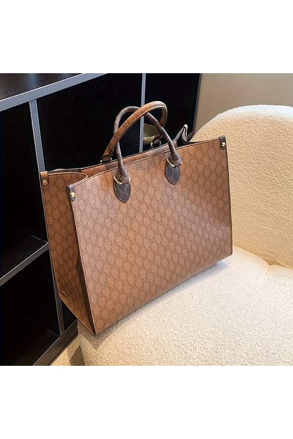 Letter Print Tote Bag  PU Leather Shoulder Bag  Women‘s Large Capacity Handbag For Daily Use