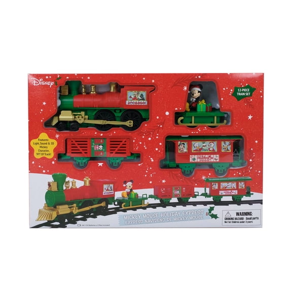 Disney Mickey Mouse Holiday Train Set Locomotive, Mickey Sleigh Car, Freight Car & Caboose