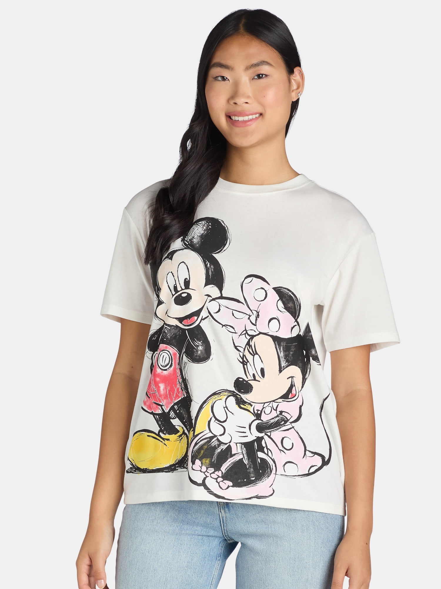Mickey and Minnie Mouse Women's Graphic Tee with Short Sleeves, Sizes ...