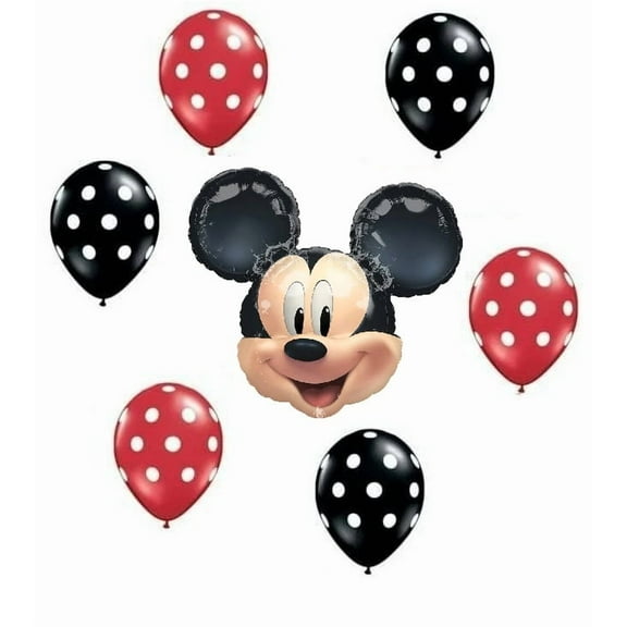 MICKEY MOUSE Red Black Polka Dots Head Ear Face (7) Mylar & Latex Balloons Set