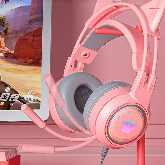 Bluetooth Headphones Over Ear,Wired Headphone Esports Game Computer Headset with Cute Ears Noise Cancelling Lightweight,for Home Office Cellphone PC.,Pink