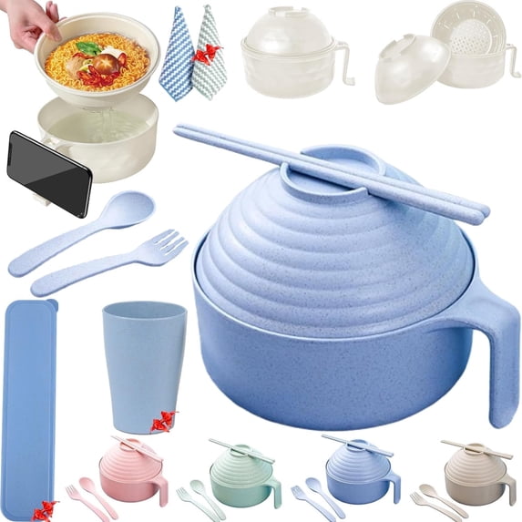 MICLOZYT Clearance,Under $5,Microwave Ramen Bowl with Lid Microwavable Ramen Noodles Bowl Set with Chopsticks Spoon Fork Ramen Cooker with Handles for College Dorm Room Apartment Essentials