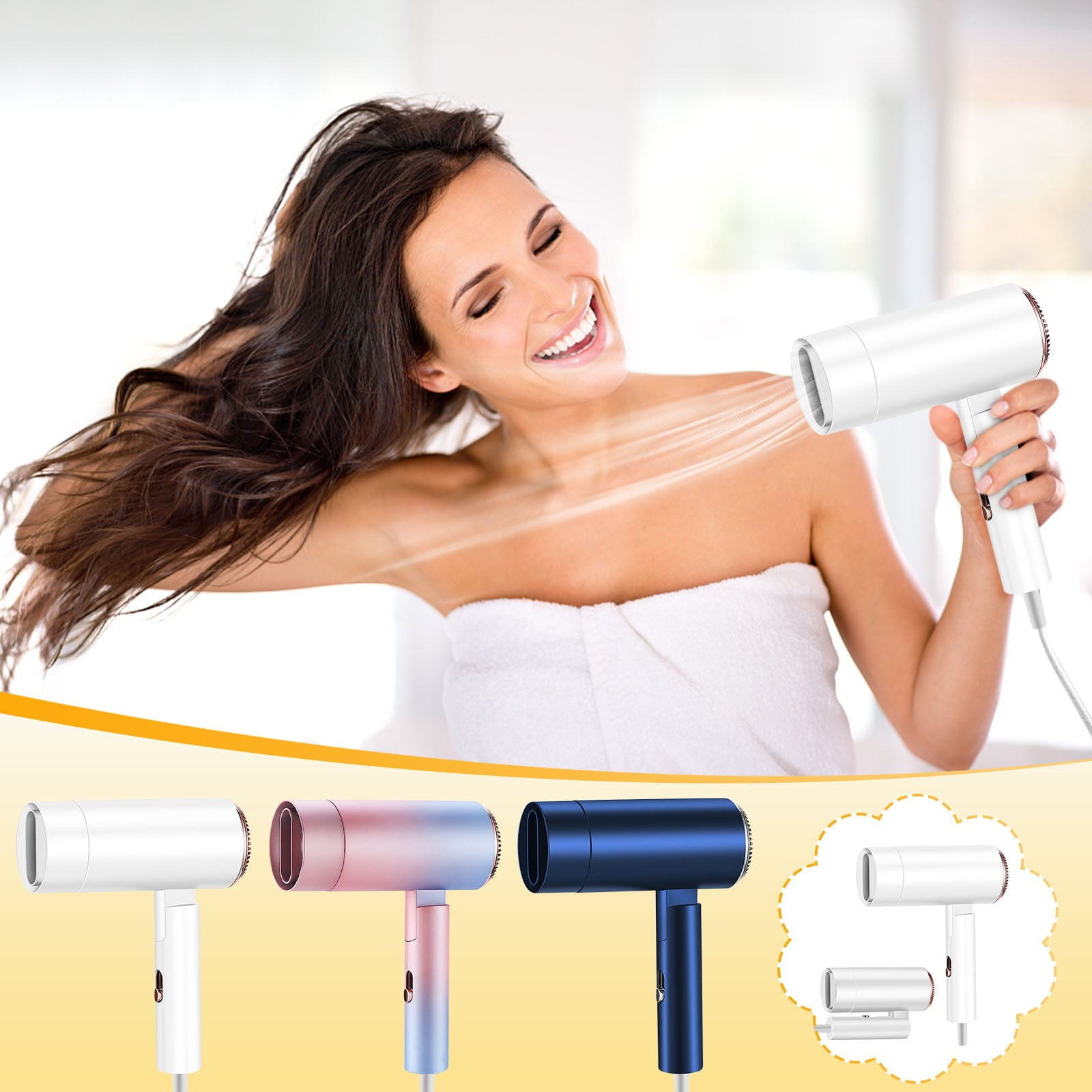 Hair Dryer with Diffuser,3 Speed Foldable Blow Dryer with Magnetic Nozzle,Hairdryer for Normal and Curly Hair,White
