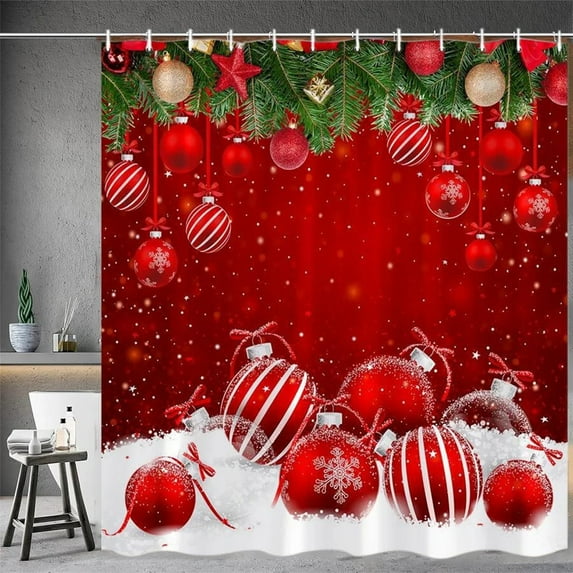 MICLOZYT Merry Christmas Shower Curtain, Winter Xmas Ball Snowflake Holiday Red and Green Waterproof Fabric Machine Washable for Bathroom Bathtub Decor with Hooks 35.8"x72"