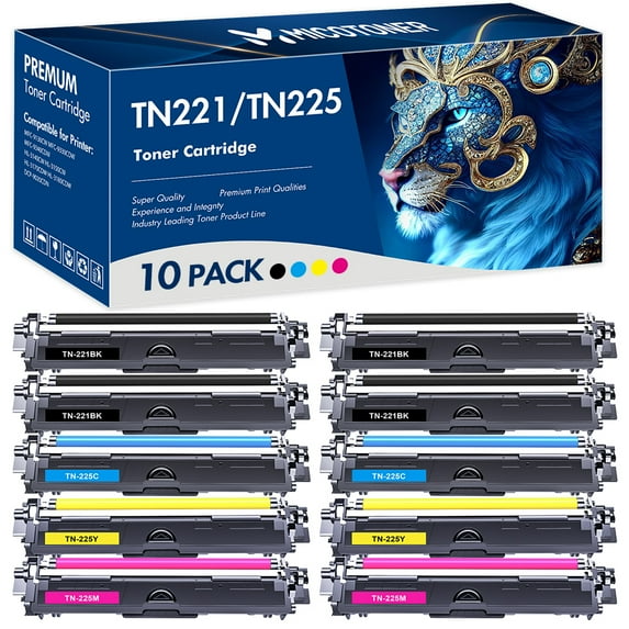 MICOTONER TN221 TN225 Toner Cartridge Compatible for Brother TN-221 TN-225 HL-3152CDW 3140CW MFC-9140CDN 9330CDW 9340CDW DCP-9020CDW(4*Black,2*Cyan,2*Magenta,2*Yellow 10-Pack)