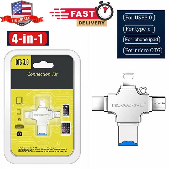 MICRODRIVE 4 in 1 SD Card Reader Adapter USB OTG Adapter Lightning Type-C USB 3.0 Memory Card Reader Adapter Smart TF Card Reader up to 256GB for iPhone Android iPad