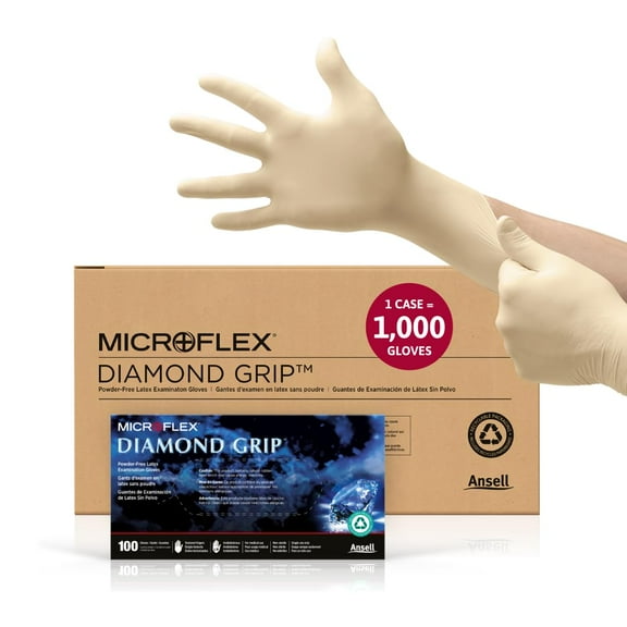 MICROFLEX Diamond Grip MF-300 Disposable Latex Gloves for Automotive, Healthcare, Machinery Industries - Large, Natural (Case of 1000)