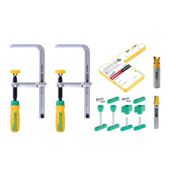 MICROJIG Matchfit Dovetail Clamp Pro Kit & Relief Bit Bundle - (1/4" Shank), Precision Woodworking Track System & Dovetail Routing Tools for Smooth, Clean Cuts, DVC-1177K2+MB-025-025ST