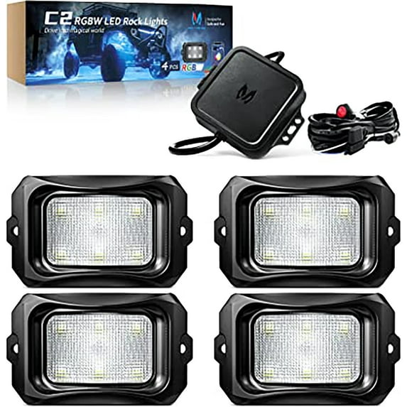 MICTUNING C2 RGBW LED Rock Lights 4 Pods Offroad lamp Curved Surface - Multicolor Underglow Neon Light Kit with Bluetooth Controller, Music Mode
