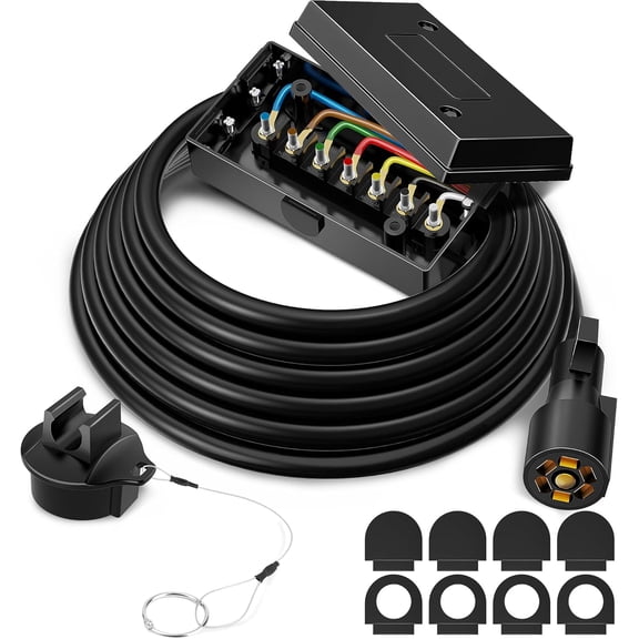 MICTUNING Heavy Duty 7 Way Plug Inline Trailer Cord with 7 Gang Junction Box 12 Feet, Weatherproof