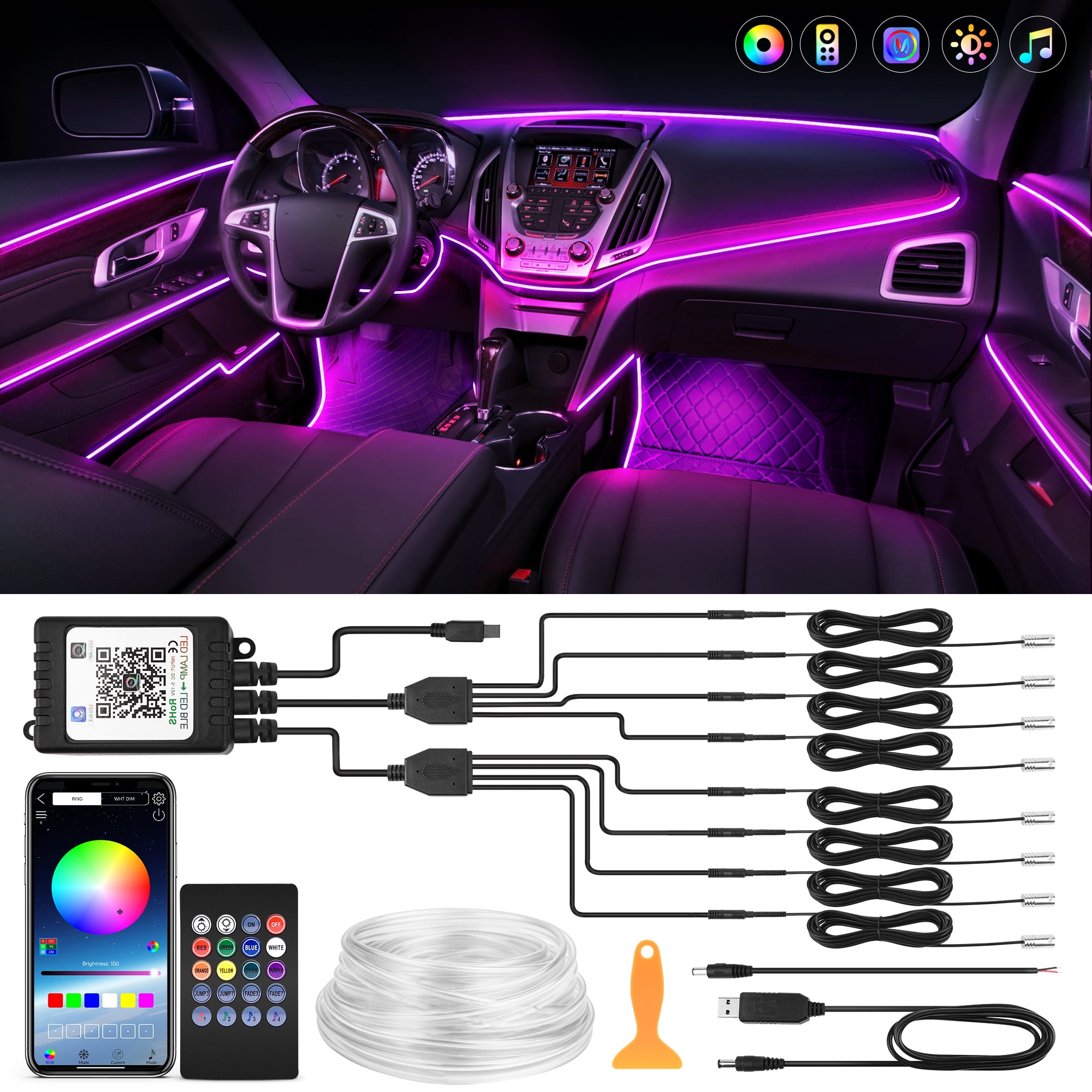 MICTUNING Interior Car LED Strip Lights, RGB 8 in 1 Car Neon Ambient Lighting Kits with 400 inches Fiber Optic tubing, 16 Million Colors with Wireless APP Remote Control, Sync to Music