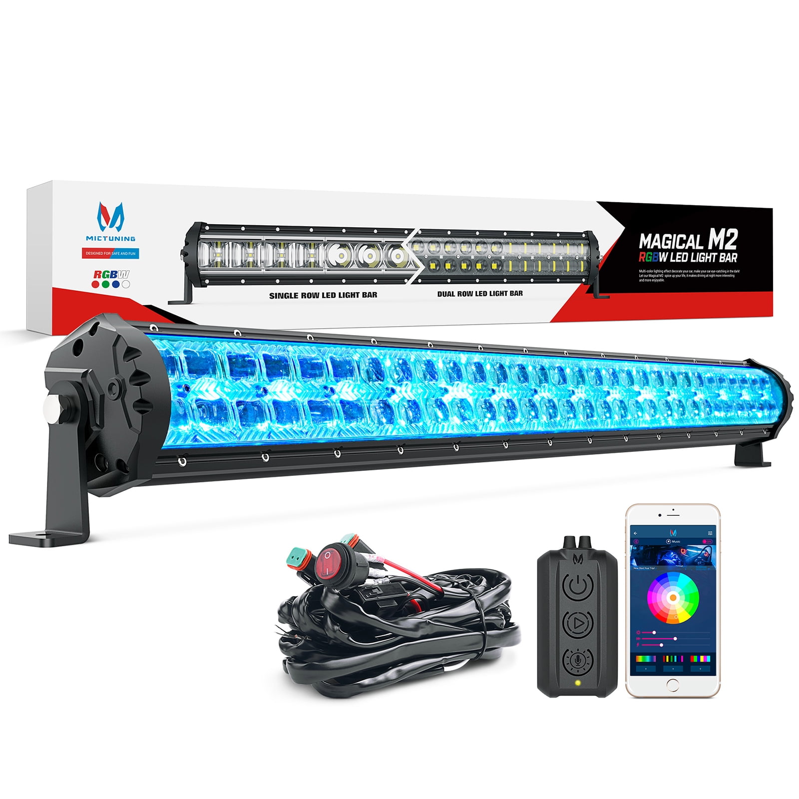 MICTUNING Magical M2 RGBW LED Light Bar - Dual Row 32 inch Off Road Driving Light Combo Work Light with App, Control Box, Wiring Harness, Side 