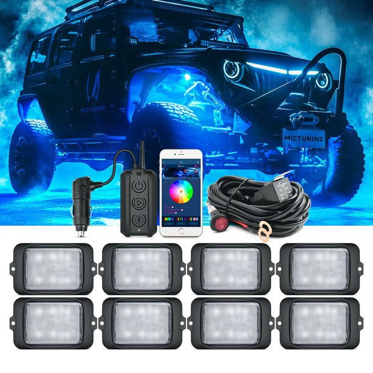 MICTUNING Upgraded C3 RGBW LED Rock Lights Wireless Control, 8 Pods Multi-Color Neon Underglow Lights with Bluetooth App & Control Box, Extensible Up