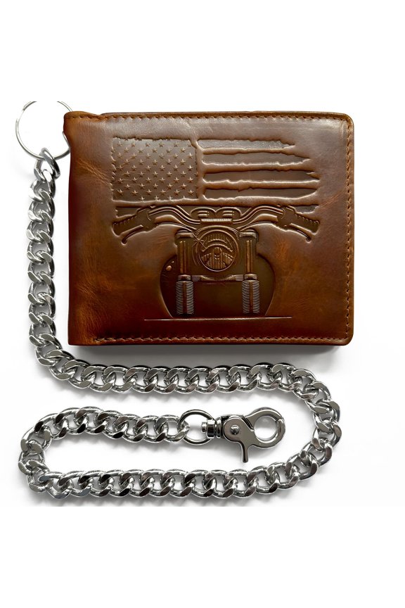 Patriotic Biker Bifold Wallet with Chain for Men - Distressed Brown Leather, RFID-Blocking with 10 Card Slots, Flip-Out ID Holder, Embossed American Flag and Motorcycle Design Y101