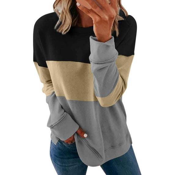 MIDCKE Womens Color Block Printed Sweatshirts Casual Long Sleeve Pullover Tops Oversized T Shirts(Z#02-Khaki,L)