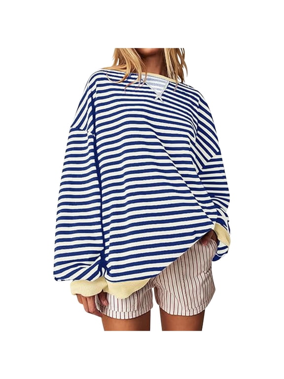 Womens Color Block Printed Sweatshirts Casual Long Sleeve Pullover Tops Oversized T Shirts Z-Blue L