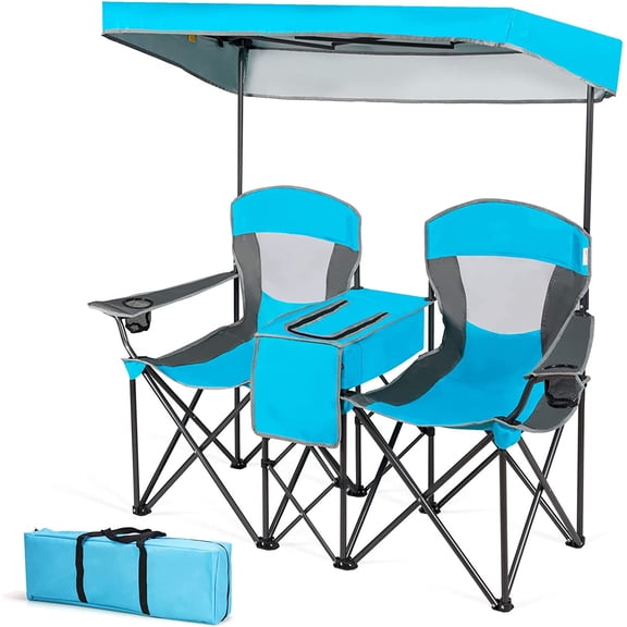 MIDDOW SILKYDRY Double Camping Chairs, Folding Loveseat Camp Chairs w/Adjustable UV Protection Shade, Cup Holders, Cooler & Carry 28.5D x 65.5W x 59.5H in