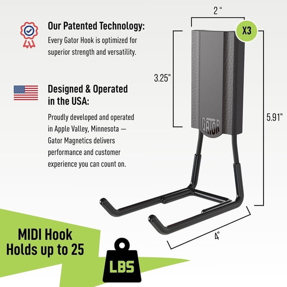 MIDI 4 in Open Hooks, 25 lb Heavy Duty Magnetic Hooks for Steel Surfaces, Patented Easy-Release, Non-Slip Grip – Storage & Organization, Garage, Shed, Home, Cleaning Tools - 3 Pack