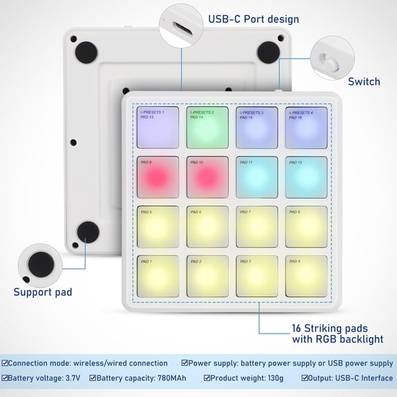FRCOLOR White Dj Controller Pad with Rgb Lighting and USB Connectivity for Studio Use