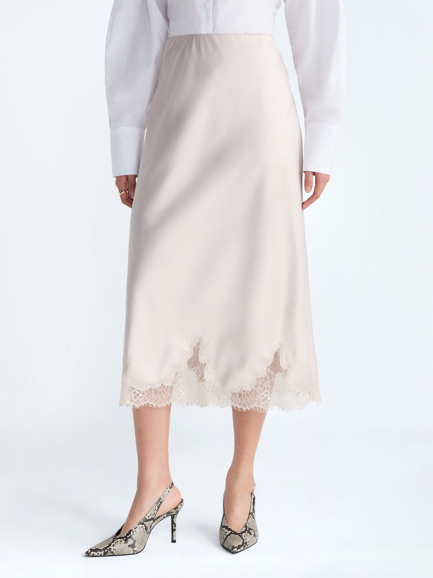 Scoop Women's Midi Slip Skirt with Lace Trim, Sizes XS-XXL