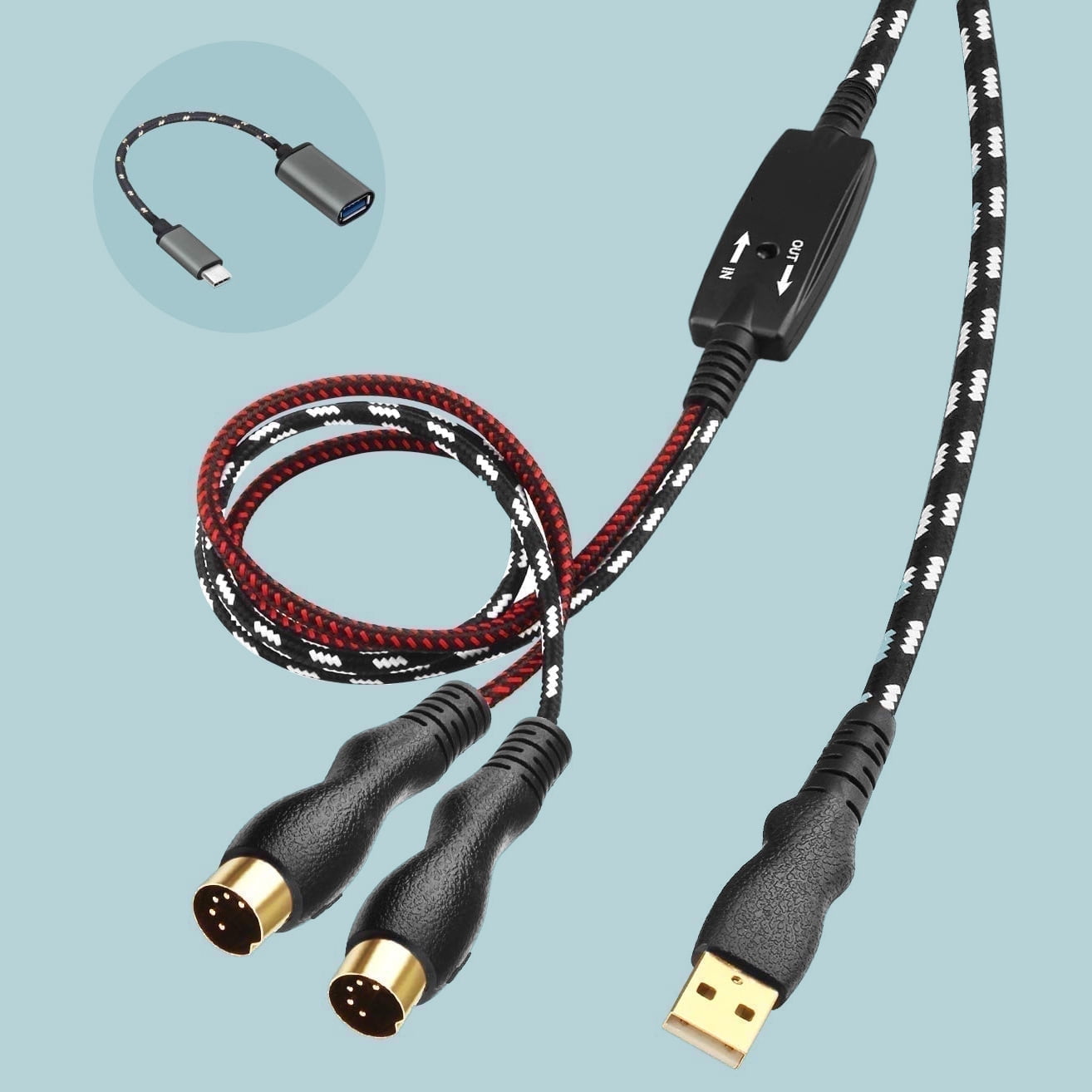 EBXYA MIDI to USB Cable 2m Braided USB MIDI Interface Cable with Dual-Section Design & USB-A to Type-C Adapter for Keyboard, Digital Piano, Music Production & Computer Recording