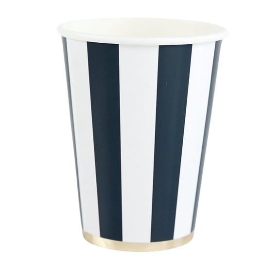 Bonjour Fte Navy Blue Stripe Paper Party Cups, Disposable Party Supplies, 8 Count, 12 Oz, Birthday, Summer, 4th of July