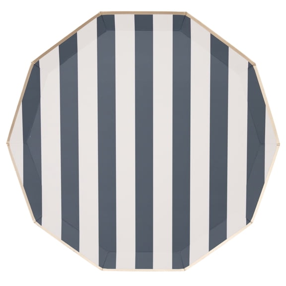 Bonjour Fte Navy Striped Large Paper Dinner Plates, Disposable Party Supplies, 8 Count, 10.75 Inch, Happy Birthday