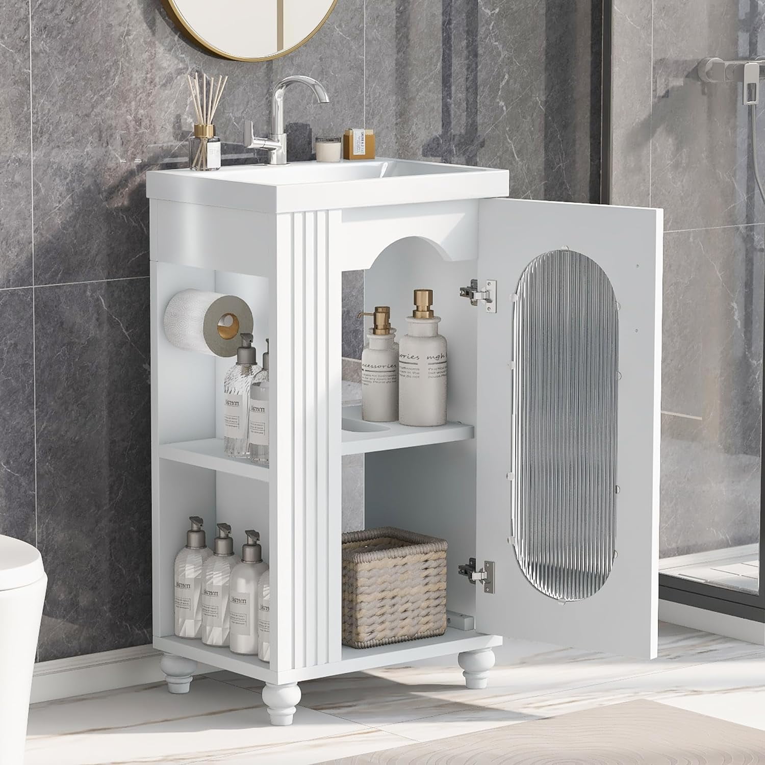 "MIDODO 20"" Compact Bathroom Vanity with Sink, Modern Wood Cabinet, Glass Door & Paper Holder ...