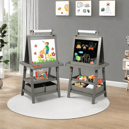 MIDODO 3 in 1 Kids Art Easel with Storage, Double-Sided Magnetic Whiteboard & Chalkboard, Dry-Erase Board with/Paper Roller