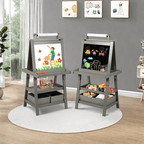 MIDODO 3 in 1 Kids Art Easel with Storage, Double-Sided Magnetic Whiteboard & Chalkboard, Dry-Erase Board with/Paper Roller
