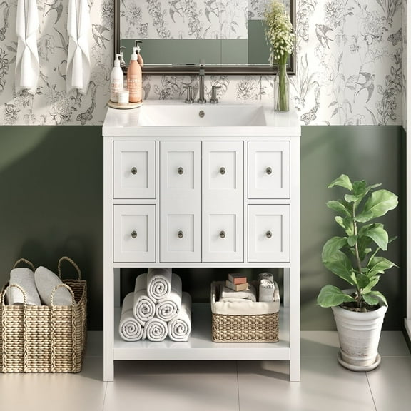 MIDOQIN 36'' Bathroom Vanity with Countertop Sink, Bathroom Storage Cabinet, Freestanding Floor Rustic Single Combo Cabinet 4 Drawers and Soft Closing Doors