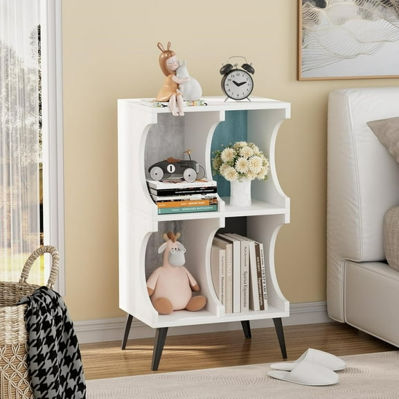 MIDODO 4 Cube Bookshelf, Wooden Open Small Book shelf, 2 Tiers Circle Arc Storage Shelf Display Cabinet Organizer, Modern Bookcase