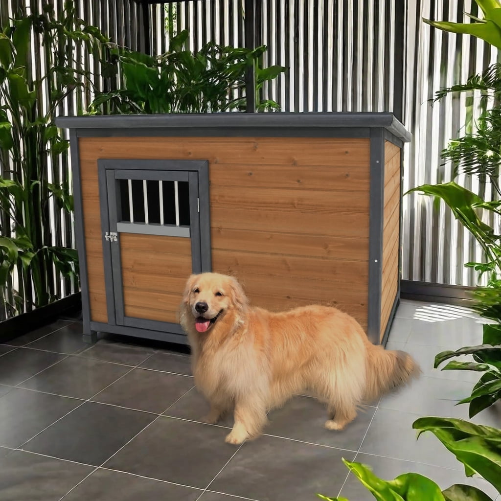 MIDODO 45 Large Dog House Outdoor with Doors Wooden Waterproof Roof Kennel Light Yellow Cabin Style Dog Shelte
